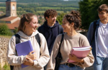 Etudiants qui sortent d'une école en ruralité
