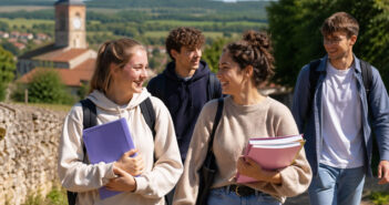 Etudiants qui sortent d'une école en ruralité