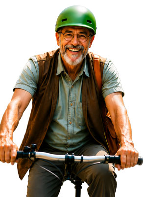 Senior à vélo, sécurisé par Présence Verte